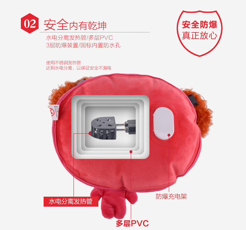 华庭丽娜 爱登充电多功能热水袋 暖手宝 双插手红底黑猫 小红帽