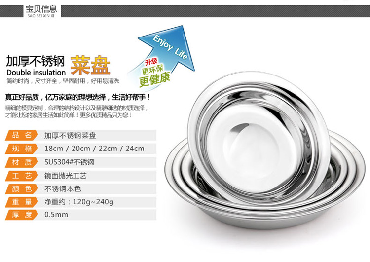 HESINLY合兴利304不锈钢盘子加厚菜盘圆盘餐盘菜碟托盘蒸盘套装 304/24cm--4个