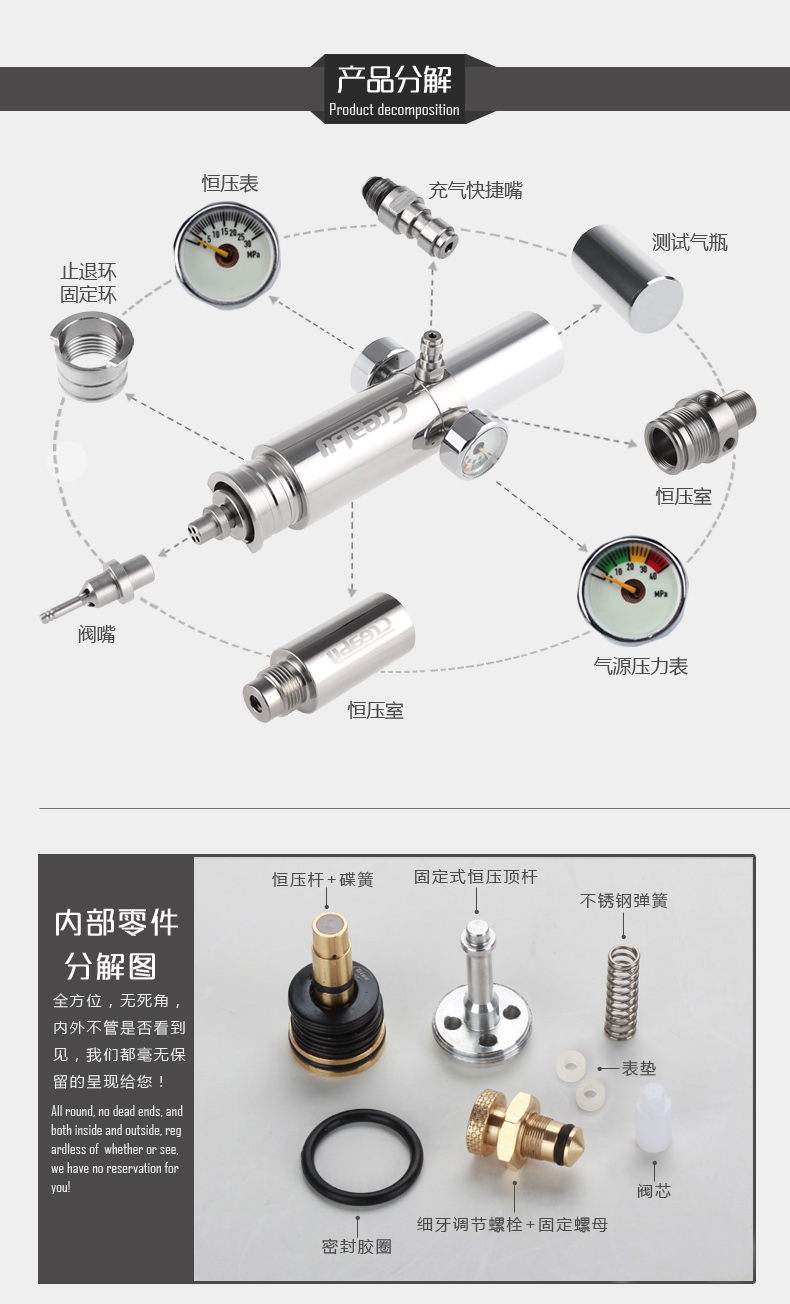 creaby 新款升级版一体高压气阀一体阀双表恒压阀30mpa 非直喷阀内调