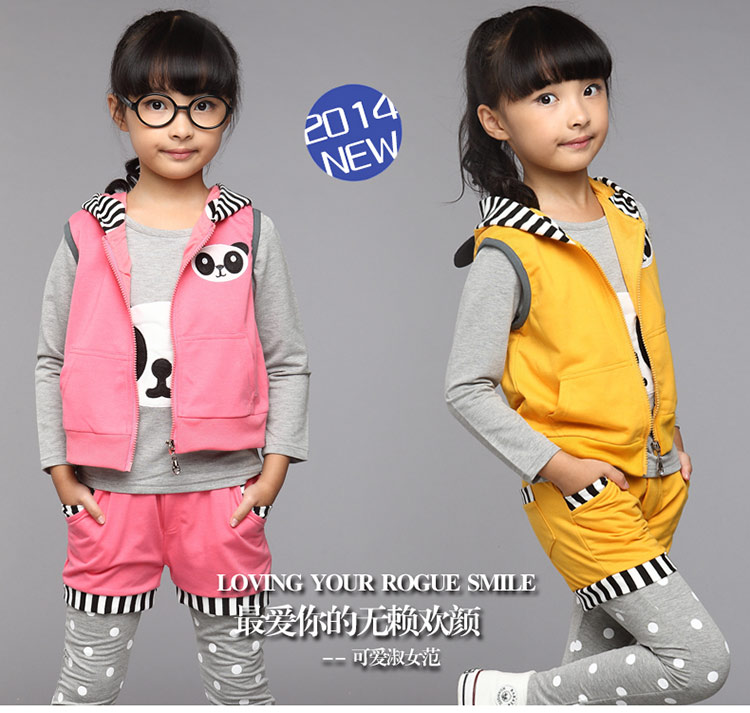 梦女童套装2014春秋裤女孩三件套秋装<em>马甲</em>外