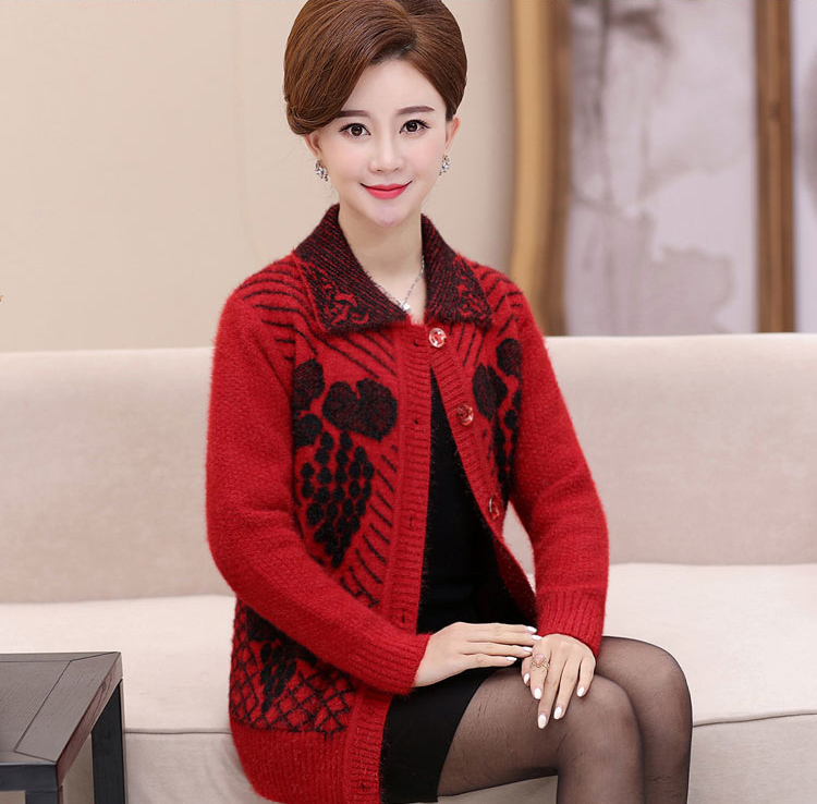 中老年女装秋装毛衣外套妈妈装翻领纽扣中年妇女针织开衫上衣加厚