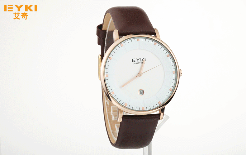 艾奇(eyki)皮带男表 男生防水石英表 带日历薄表盘简约男士休闲手表