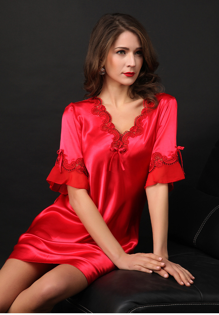 华柔丝夏季性感睡衣女士仿真丝蕾丝睡裙诱惑情趣短袖丝绸 藕粉色 xl