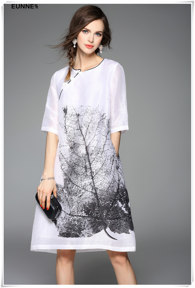 女士修身丝麻A字连衣裙