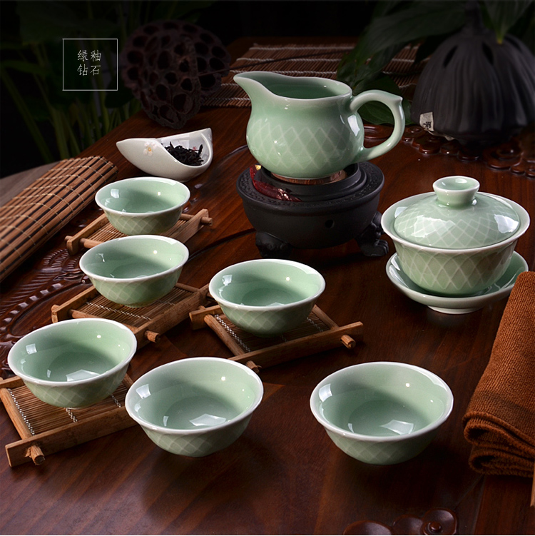 
                                        天泽（TIAN ZE）功夫茶具套装整套龙泉青瓷家用茶杯盖碗公杯汝窑陶瓷盖壶茶海 普通礼盒包装                