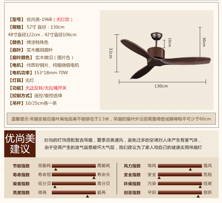 优尚美 工业吊扇仿古设计大吊扇美式乡村创意客厅餐厅实木电风扇酒楼