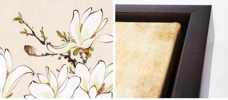 
                                        墙蛙wallwa 曾杏绯玉兰 中式花卉客厅卧室有框装饰画国画壁画墙画 一套棕木纹 布艺画加框65cmX65cm                