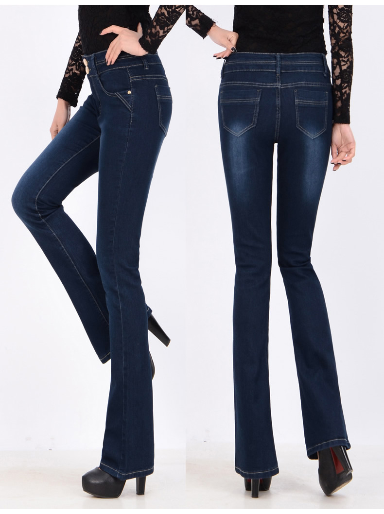 韩贝伊都2016春款新款女装弹力高腰牛仔裤女式修身微喇叭长裤o-8012