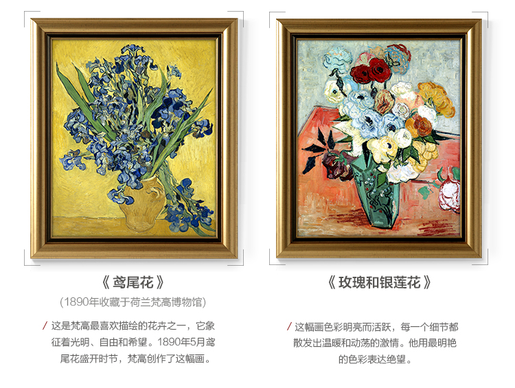 墙蛙 梵高油画欧式客厅装饰画沙发背景墙壁画玄关壁画挂画三联画 ACD一套3幅 优惠9元 金色外框41cmX51cm