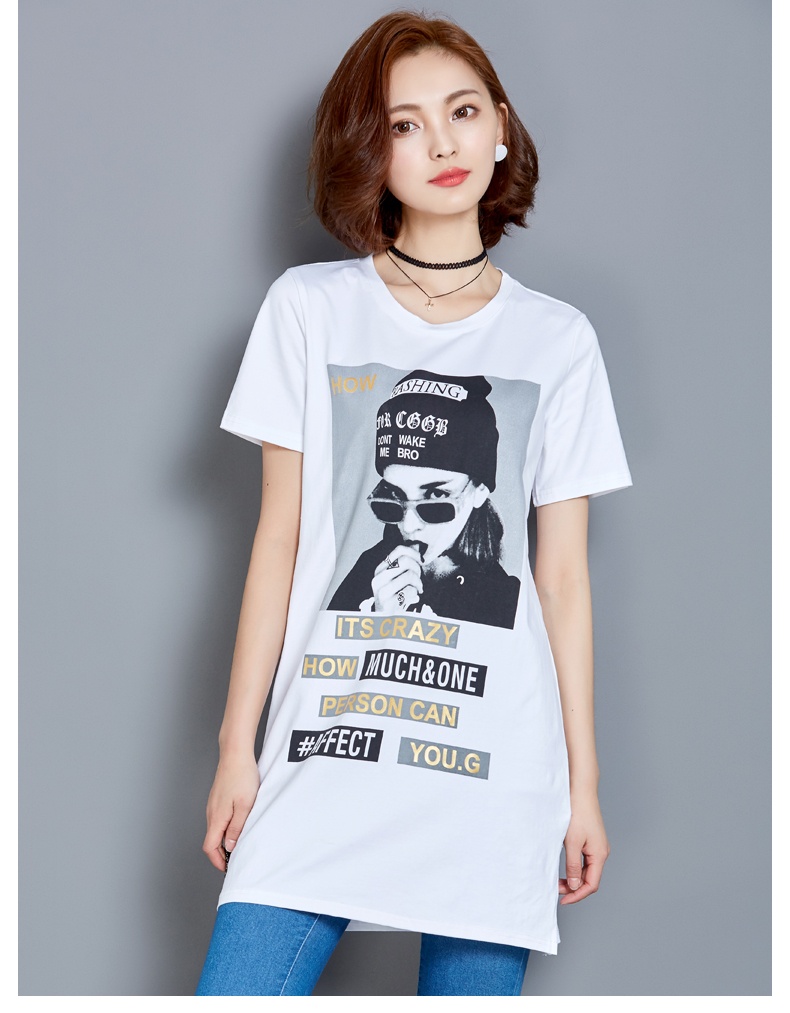 静曼儿 t恤女长款短袖人像图案夏装上衣 kql0266 白色