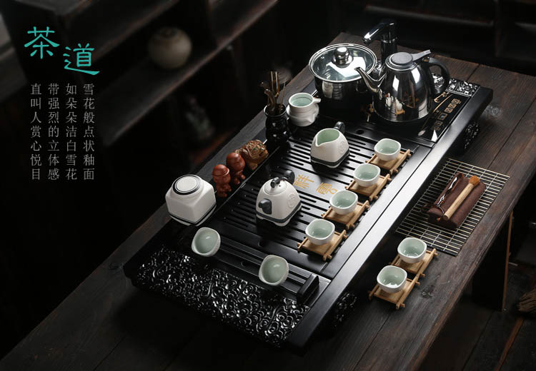 功夫茶具套装 整套陶瓷汝窑 四合一快速炉  实木茶盘 套装10