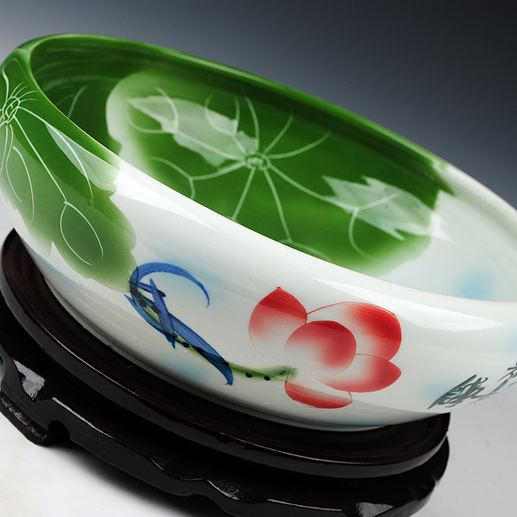 
                                        陶之念 景德镇陶瓷器 清香荷花金鱼缸盆乌龟缸睡莲水浅水仙 家居摆件 清香带底座                