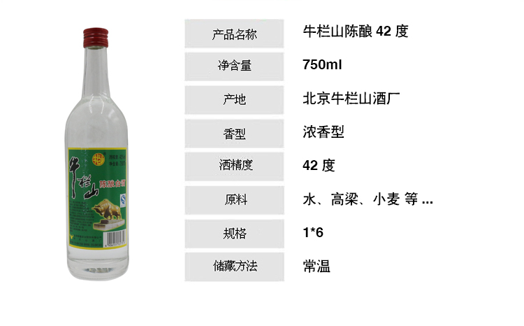 北京牛栏山二锅头酒 陈酿白瓶 白牛二 42度750