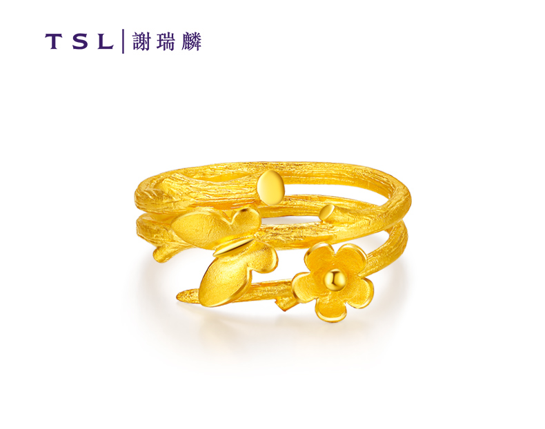 tsl/谢瑞麟 黄金戒指 个性黄金蝶恋花树枝双层结婚戒指ym574 约6克 工