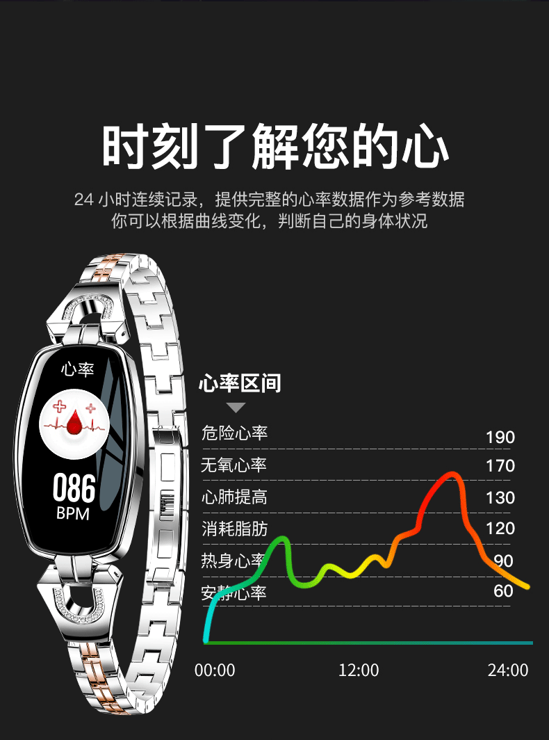 vosstr时尚女性智能手表 心率血压防水智能手环健康检查 安卓ios通用