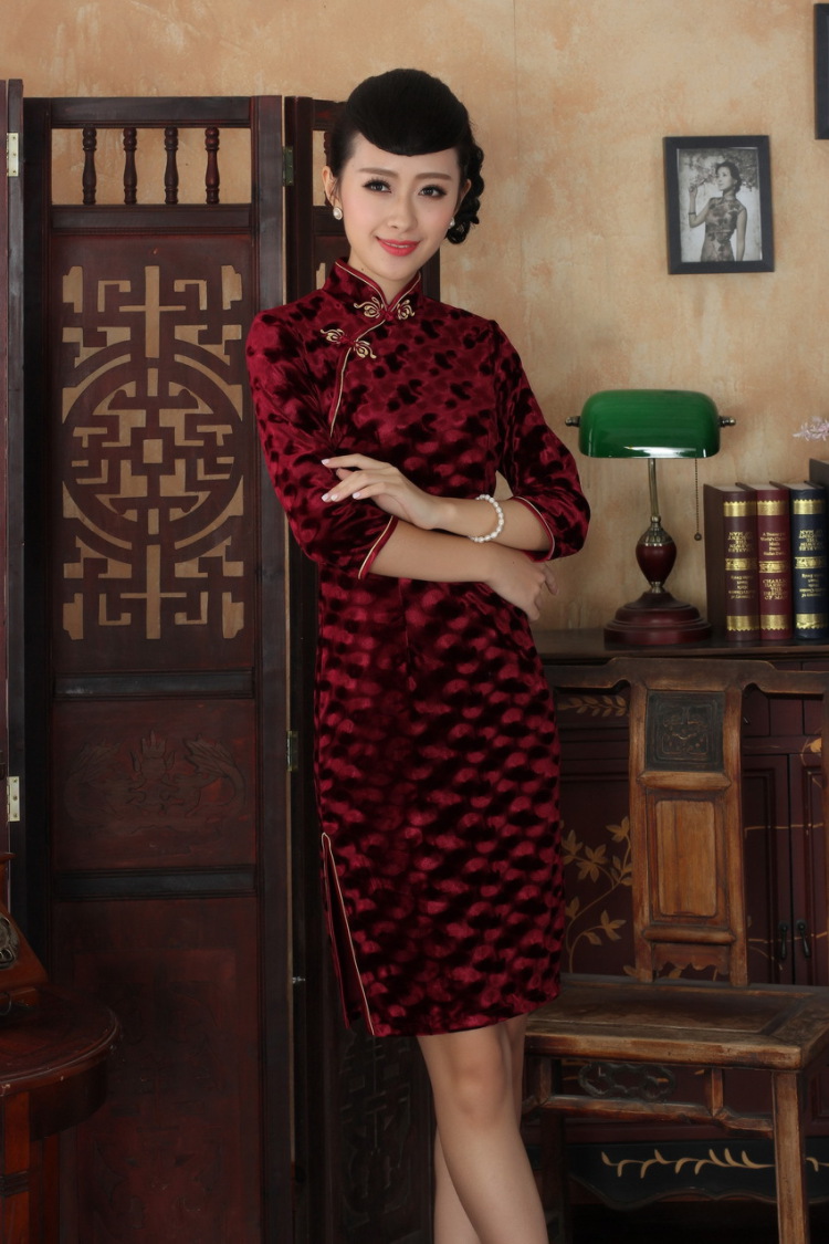 Shanghai, optimize purchase Chinese improved cheongsam dress long skirt-stretch the wool beauty dresses skirts 7 cuff wine red 2 XL pictures, price, brand platters! Elections are good character, the national distribution, so why buy now enjoy more preferential! Health