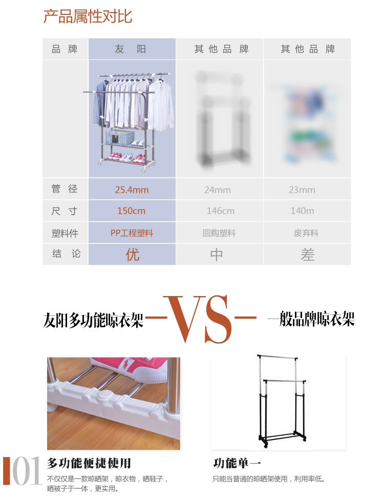 
                                        友阳晾衣架落地不锈钢伸缩室内阳台双杆挂衣架 加粗钢管款Y-8630                