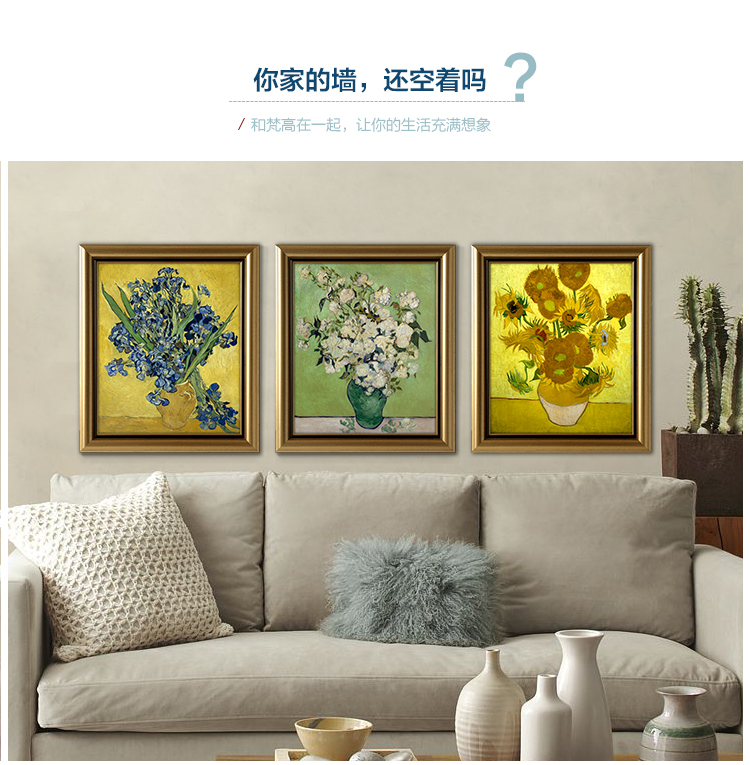 墙蛙 梵高油画欧式客厅装饰画沙发背景墙壁画玄关壁画挂画三联画 ACD一套3幅 优惠9元 金色外框41cmX51cm
