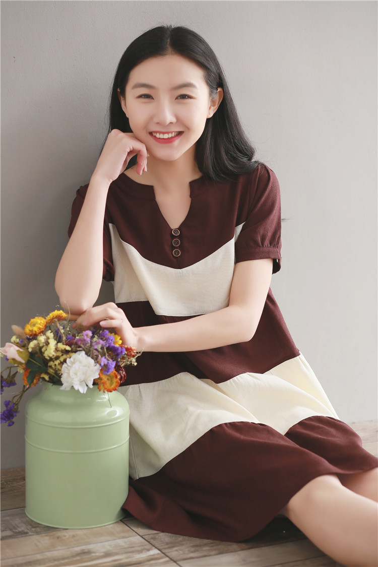 几未 2017夏季新款V领棉麻短袖女连衣裙 条纹