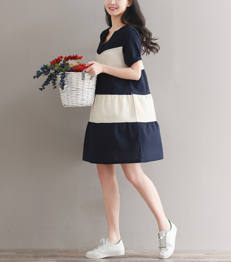 几未 2017夏季新款V领棉麻短袖女连衣裙 条纹