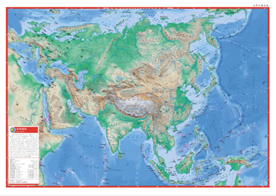 立体;地形部分采用彩色晕渲表示,并辅以山脉,沙漠等地形文字标注,直观