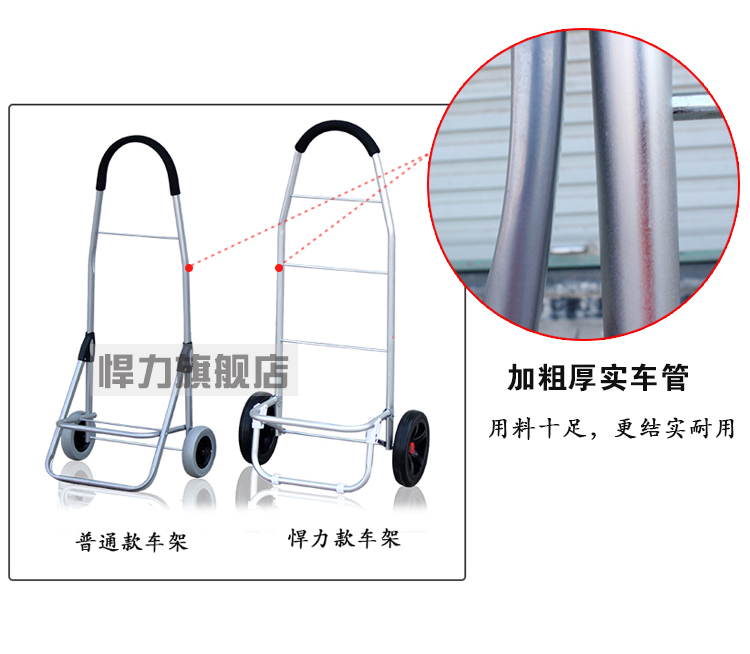 
                                        悍力 加大号椅子可坐 加粗铝合金管子折叠便携购物车买菜车手拉车拉货车推车拖车布袋车行李车 加大版-黑色格子-带椅子                