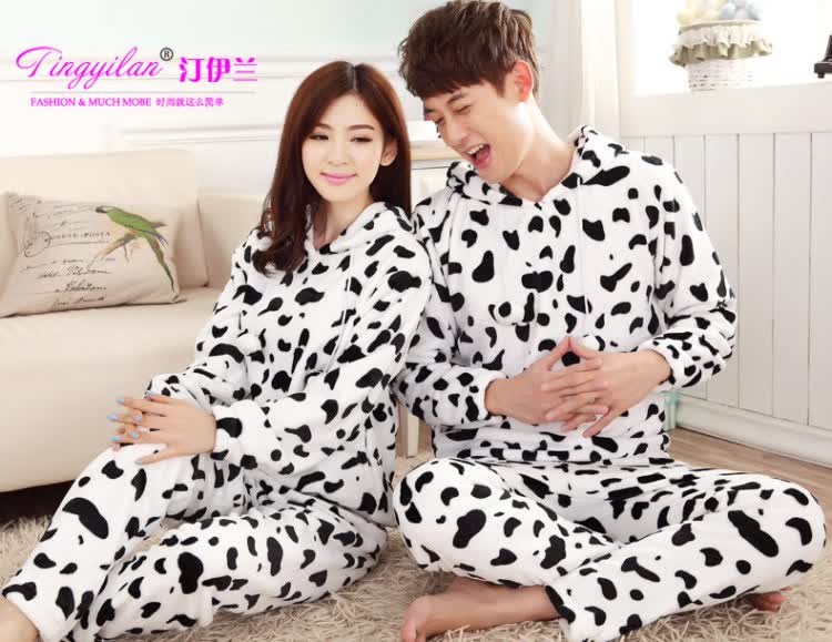<em>可爱</em>奶牛<em>睡衣情侣</em>装卡通套装家居服套头加厚法