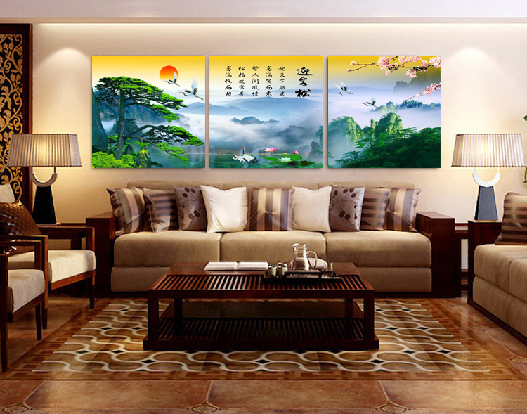 唯画 现代客厅装饰画无框画沙发背景墙画迎客松卧室玄关挂画壁画山水风景画流水生财聚宝盆 迎客松 80*80