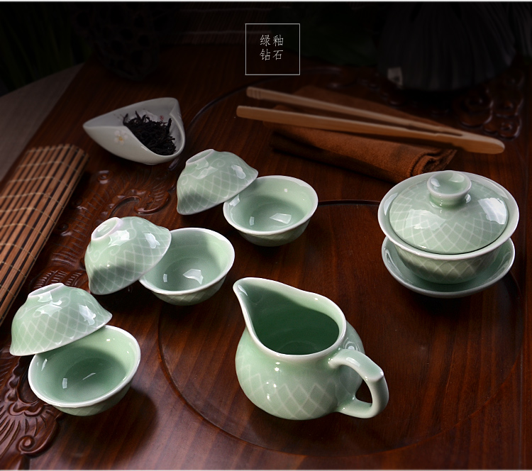 
                                        天泽（TIAN ZE）功夫茶具套装整套龙泉青瓷家用茶杯盖碗公杯汝窑陶瓷盖壶茶海 普通礼盒包装                