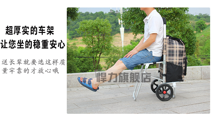 
                                        悍力 加大号椅子可坐 加粗铝合金管子折叠便携购物车买菜车手拉车拉货车推车拖车布袋车行李车 加大版-黑色格子-带椅子                