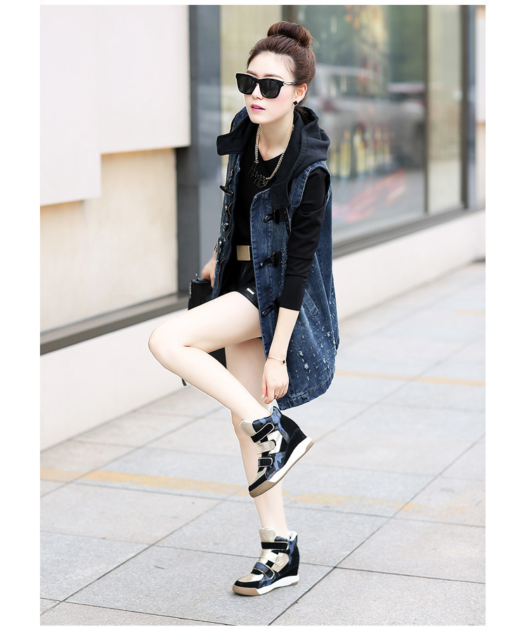 2014秋装新款<em>韩版修身</em>牛仔<em>马甲女中长款</em>连帽