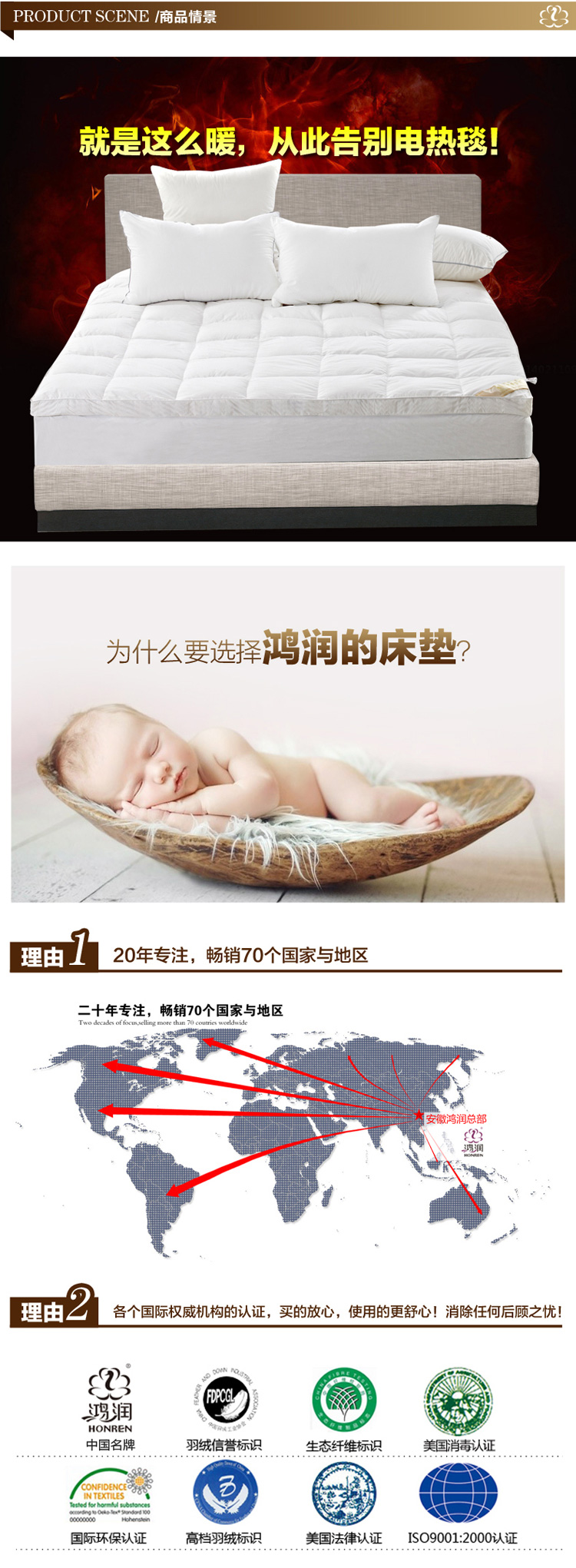 
                                        鸿润家纺优雅宝贝70%白鸭绒床垫羽绒床垫柔软舒适双人床垫 1.5米                