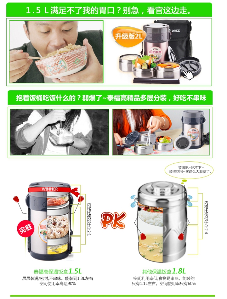 
                                                            泰福高（TAFUCO） 不锈钢保温饭盒真空不锈钢保温桶饭盒分隔饭桶成人3三层2学生便当盒 T-0047桃红色                