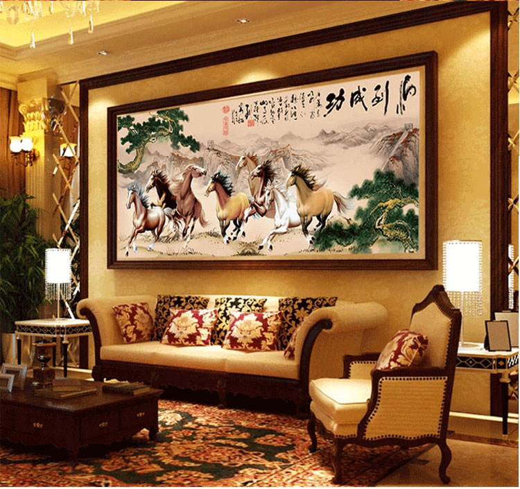 
                                        皇家彼岸十字绣印花客厅大画新款马到成功八骏图十字绣套件包邮 11CT棉线印花190*76CM满绣                
