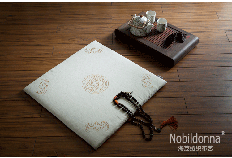 Nobildonna 亚麻刺绣蒲团 禅坐垫  中国传统纹饰 打座垫椅垫 棕黄 60*60*3cm