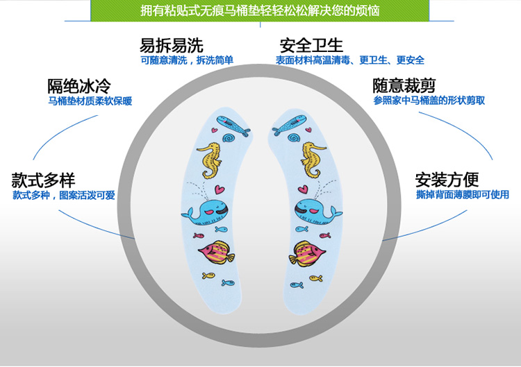 百家好世粘贴式可反复水洗马桶垫 3包6片装颜色随机发