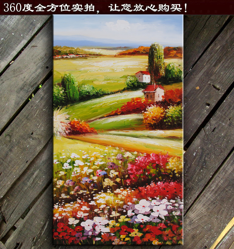 
                                        玄关挂画壁画竖版画田园风景画 纯手绘油画走廊装饰画竖画有框画墙画立体画背景画进门风水画壁挂 银色边框 80*160厘米                