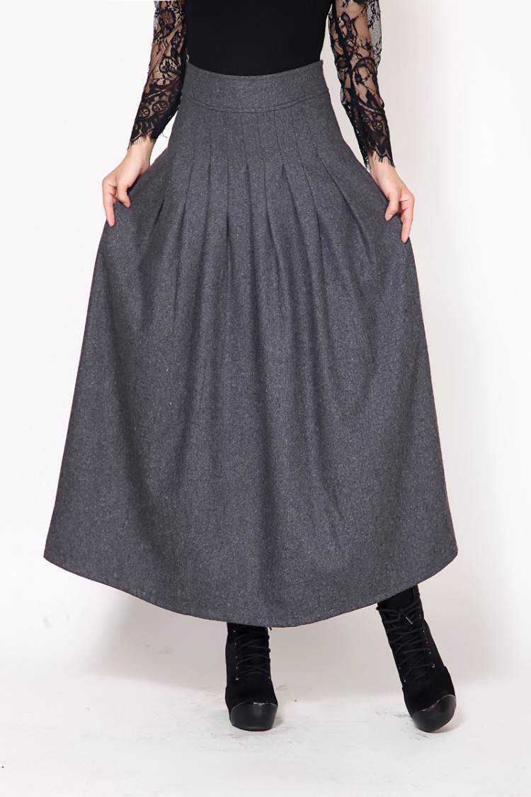 芮婕服装店*2014秋冬新款大码修身显瘦毛呢裙子半身裙中长百褶裙女长裙 灰色 XXL