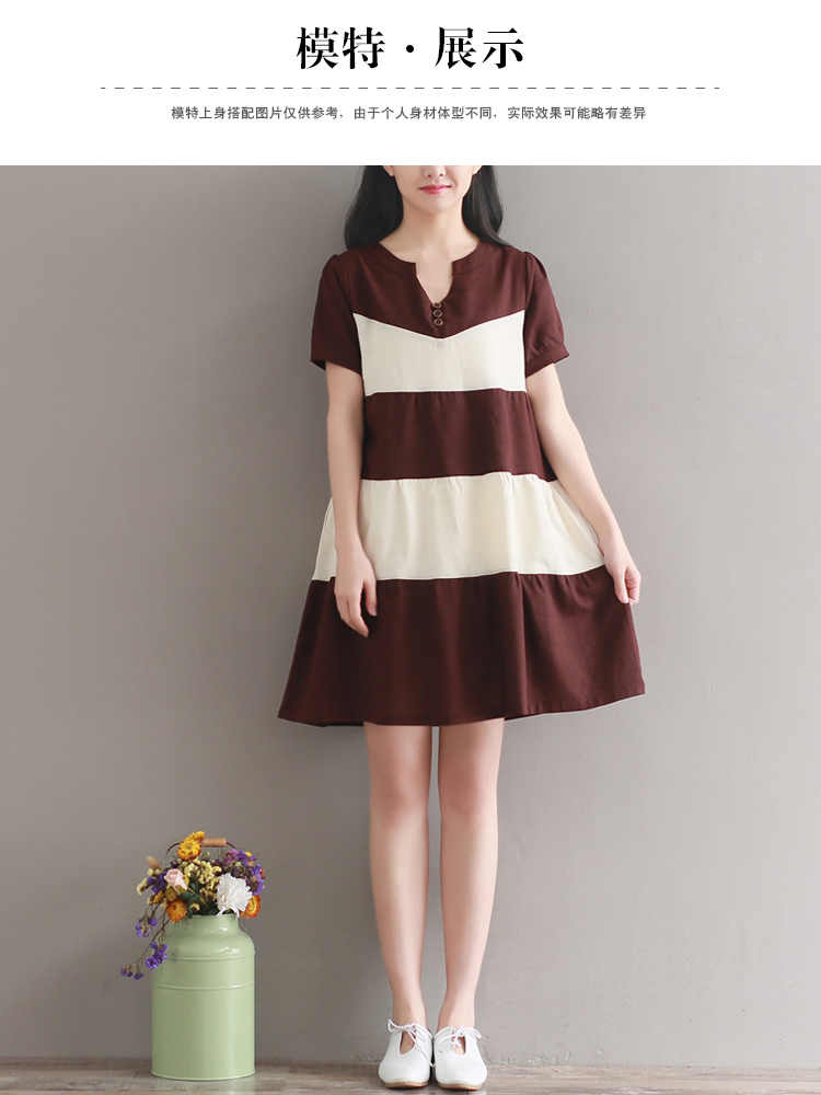 几未 2017夏季新款V领棉麻短袖女连衣裙 条纹
