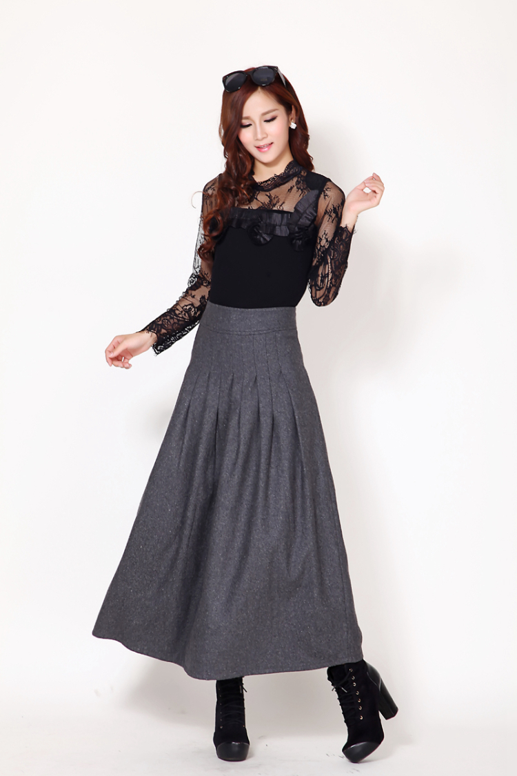 芮婕服装店*2014秋冬新款大码修身显瘦毛呢裙子半身裙中长百褶裙女长裙 灰色 XXL