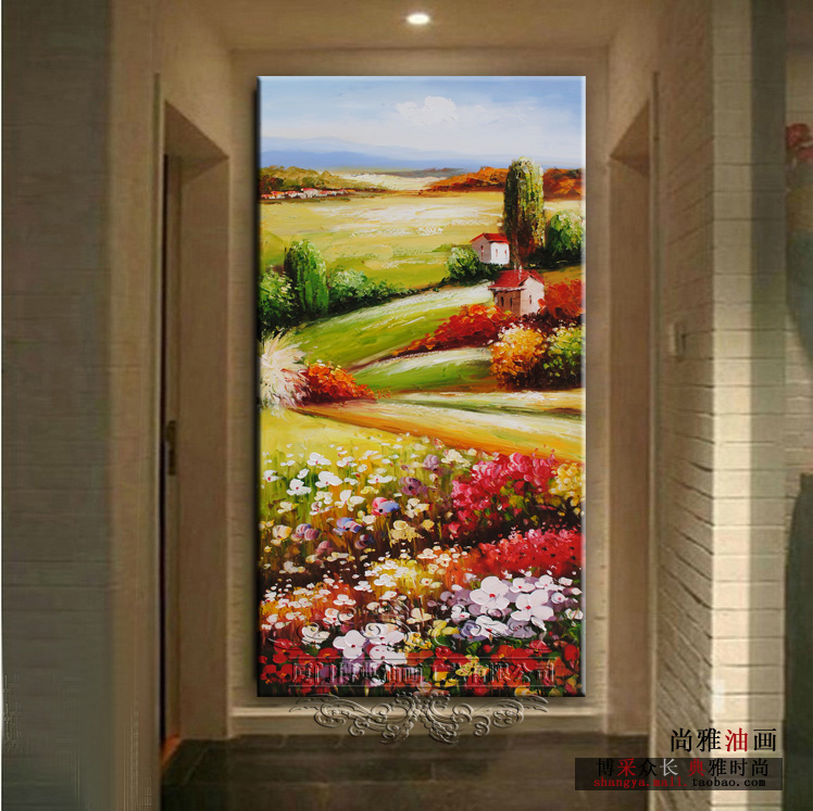 
                                        玄关挂画壁画竖版画田园风景画 纯手绘油画走廊装饰画竖画有框画墙画立体画背景画进门风水画壁挂 银色边框 80*160厘米                