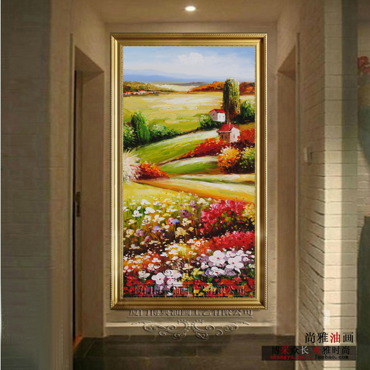 
                                        玄关挂画壁画竖版画田园风景画 纯手绘油画走廊装饰画竖画有框画墙画立体画背景画进门风水画壁挂 银色边框 80*160厘米                