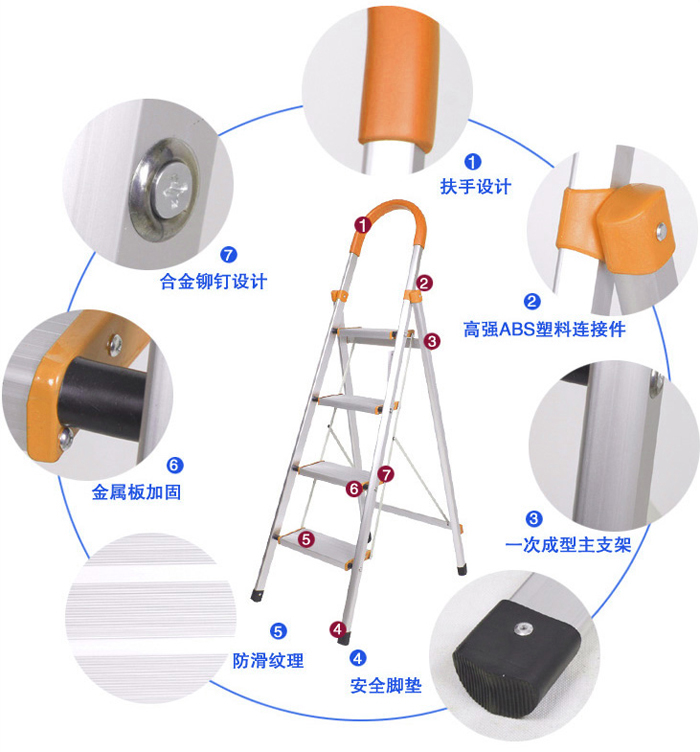 
                                        喜润家加厚铝合金折叠3步家用梯4步家用梯楼梯工作梯扶梯工程梯步梯子 4步                