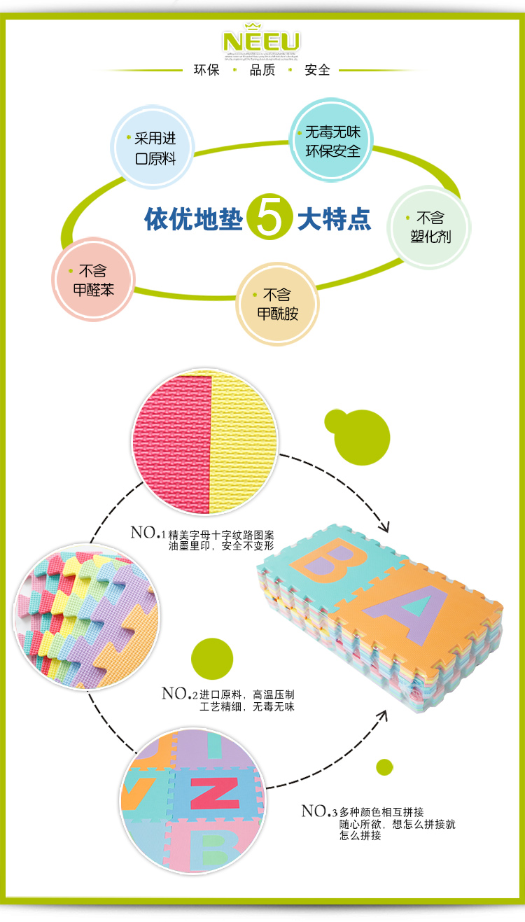 
                                        字母拼图泡沫块地垫儿童爬爬垫字母塑料拼块地垫地毯块26片装 30*30*1CM                