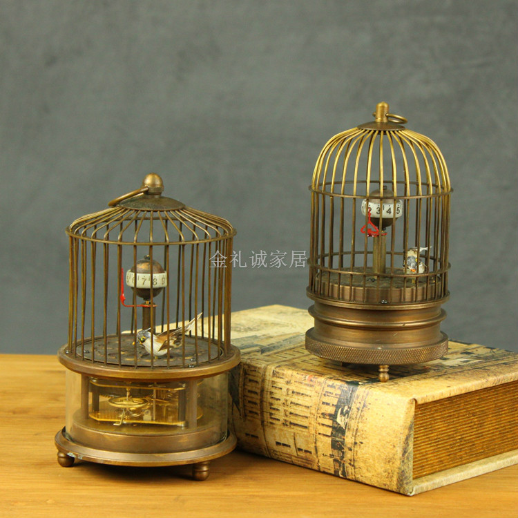 
                                        邸高家居 创意时钟摆件 欧式古典饰品 机械表摆件 纯铜鸟笼机械钟 小号                