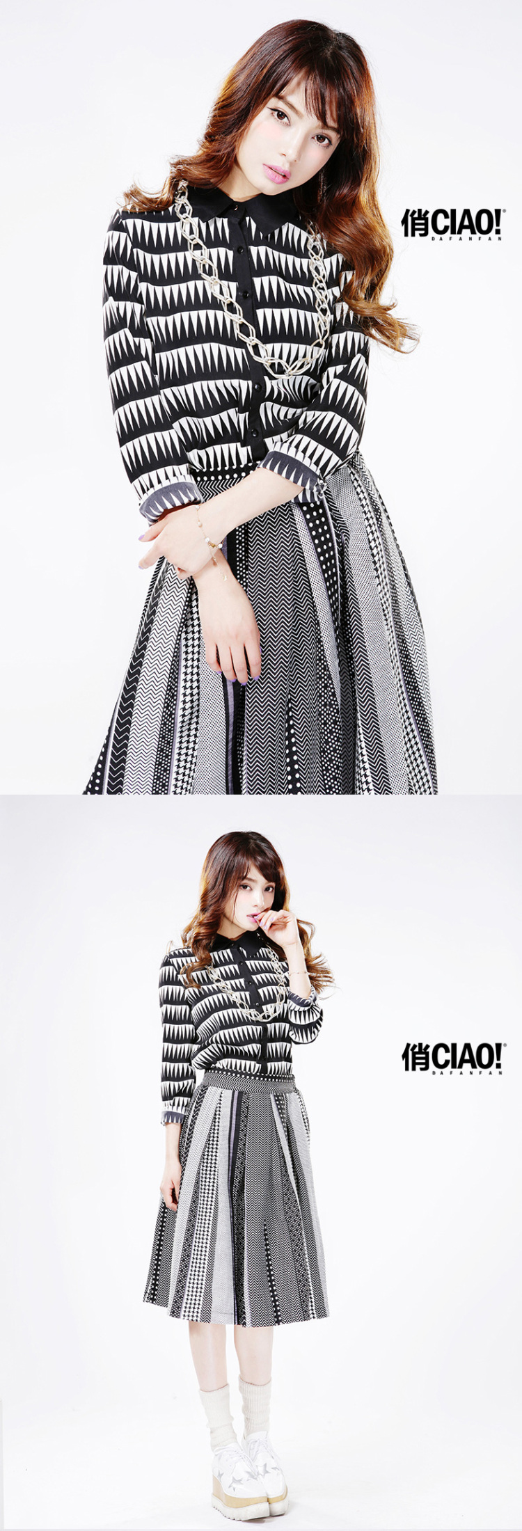 CIAO!俏2015春衬衣中长款黑白印花女装 复古印花休闲雪纺衬衫长袖CWESRFF009 花色 M