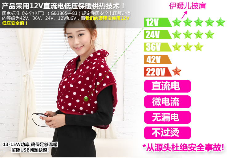 伊暖儿新品保暖护肩披肩护背宝暖肩暖背保暖毯 圣诞节礼物 大白12V披肩