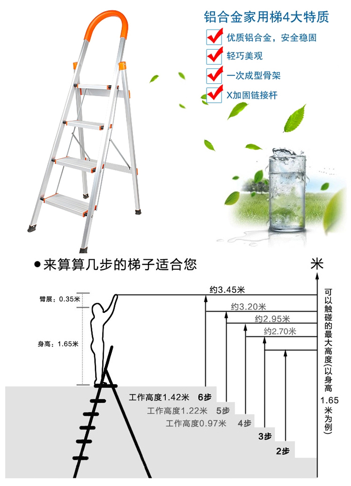 
                                        喜润家加厚铝合金折叠3步家用梯4步家用梯楼梯工作梯扶梯工程梯步梯子 4步                