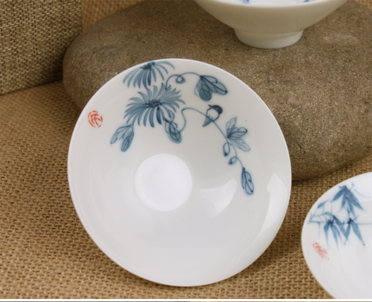 
                                        家茗茶具 手绘功夫茶杯 斗笠品茗茶杯 手绘精品 适用自用礼品家具摆设 D-五彩手绘斗笠杯(八杯)                