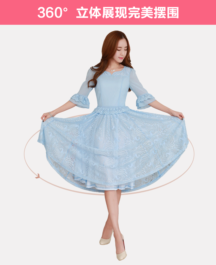 春装2016年新款韩版复古花边七分袖凤凰蕾丝拼接加大码女装雪纺连衣裙